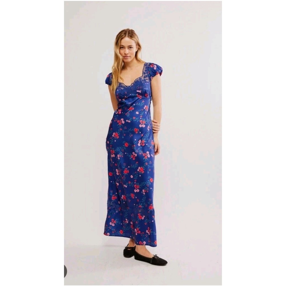 Free People Butterfly Babe Floral Lace Trim Maxi Dress Navy Blue Size L